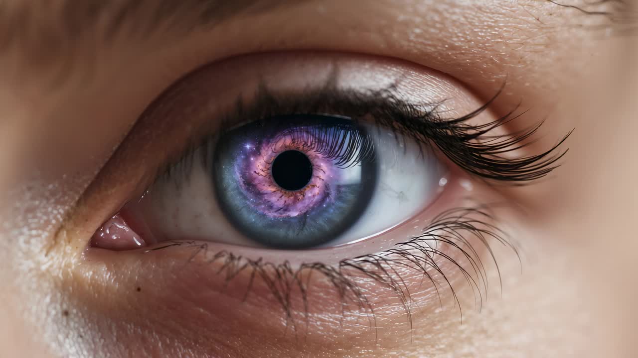 Showing right eye developing nebula ring from frame 2 in close-up, creating stylized iris look