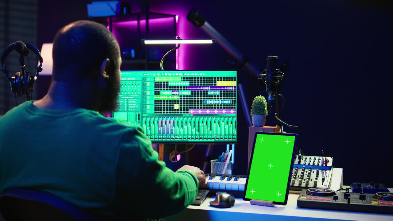 작곡가, 작곡가, 녹색 스크린 에서 트랙을 싱하고 마스터링합니다.