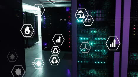 animation of ecology icons and data processing over server room