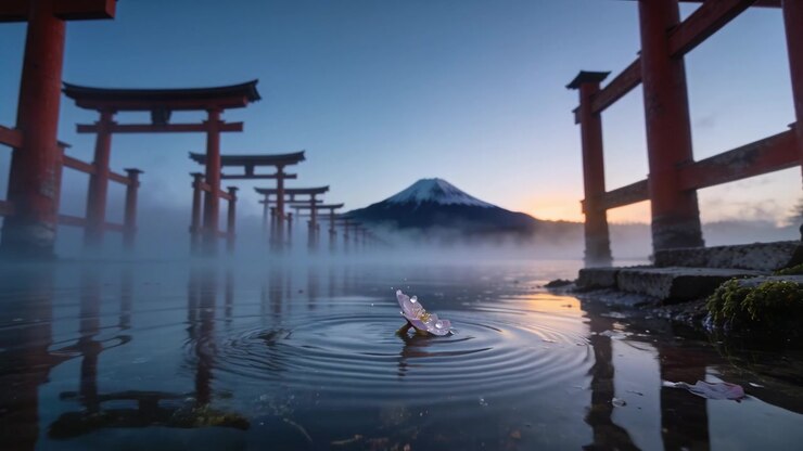 Petalo di ciliegio rosa fluttuante che si inclina, andando alla deriva mentre l'alba riscalda l'acqua del santuario, con porte torii