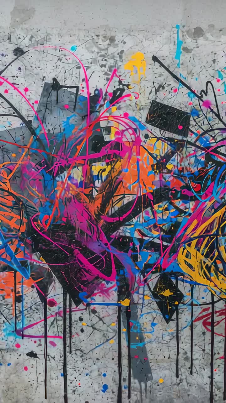 Vertical video: Starting camera panning showcasing graffiti mural on concrete wall with neon drips