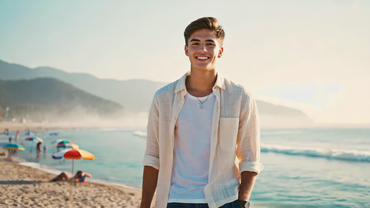 Young man smiling on a beach