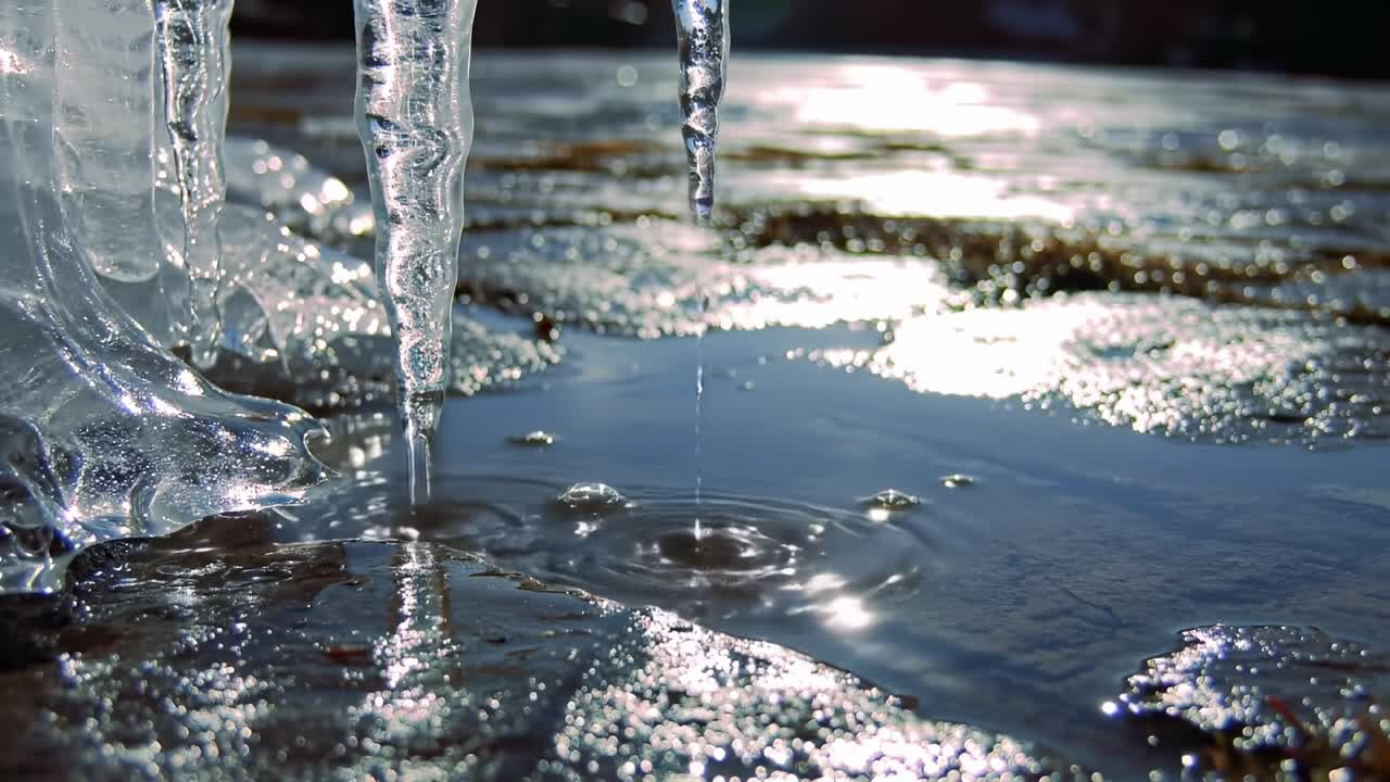 Melting Icicles Drip Water into a Reflective Surface, Creating Ripples and Sparkling Light During a Winter Thaw in Nature's Ice-Covered Landscape