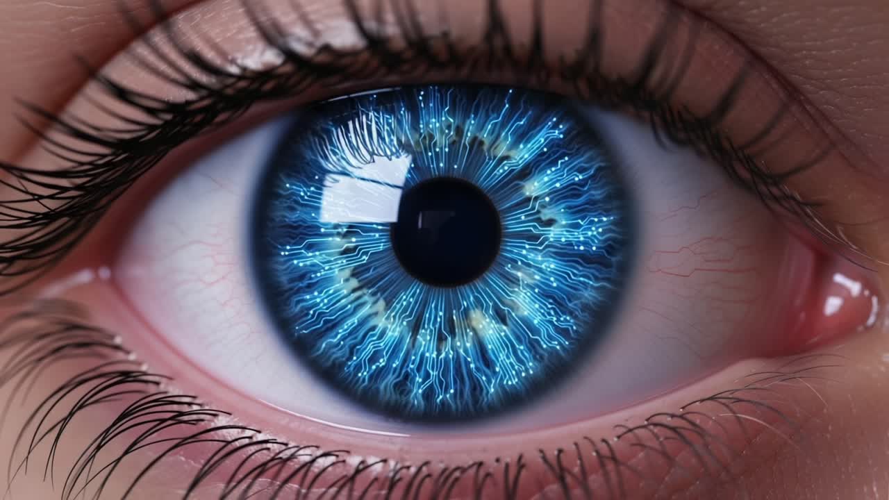 A Captivating Close-Up of a Human Eye Featuring Stunning Electric Blue Iris Patterns and Intricate Details That Highlight the Beauty of Vision