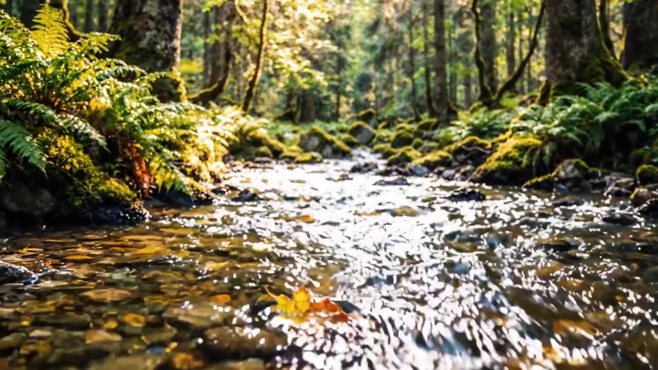 En fredfyldt skovbæk, der skinner under sollyset, omgivet af frodigt grønt og levende bregner i et fredfyldt naturlandskab
