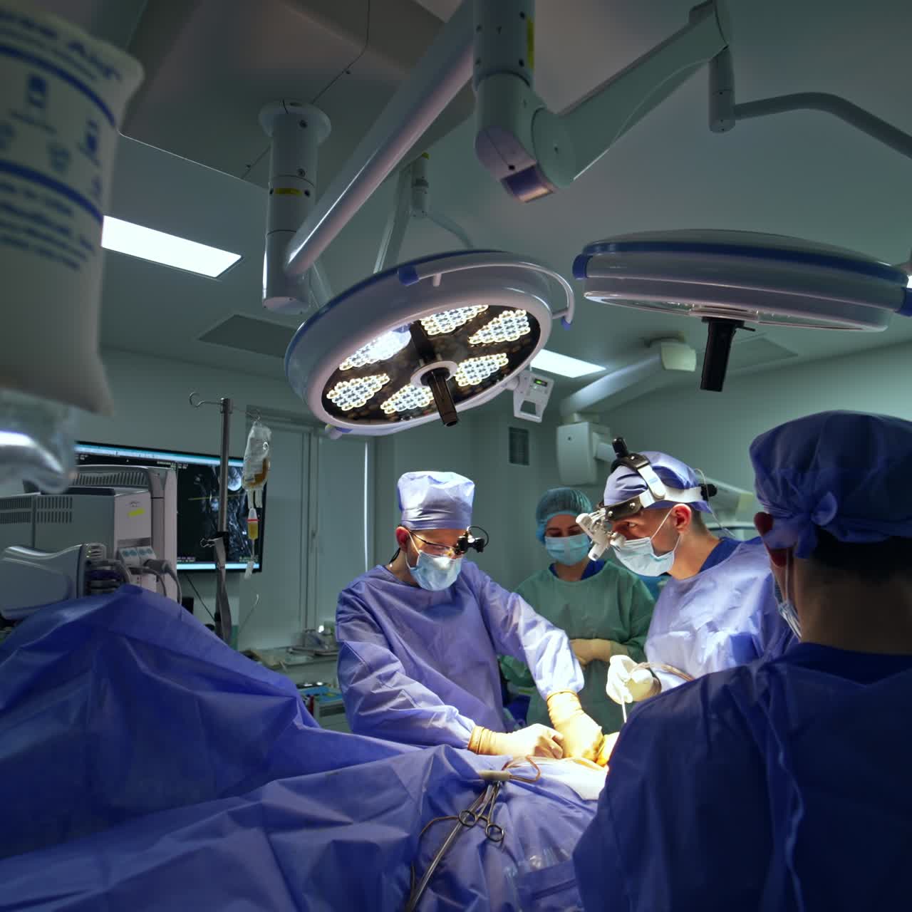 Neurosurgeons with device glasses holding tools applying them at operation. Medics work under bright round lamps in surgery room