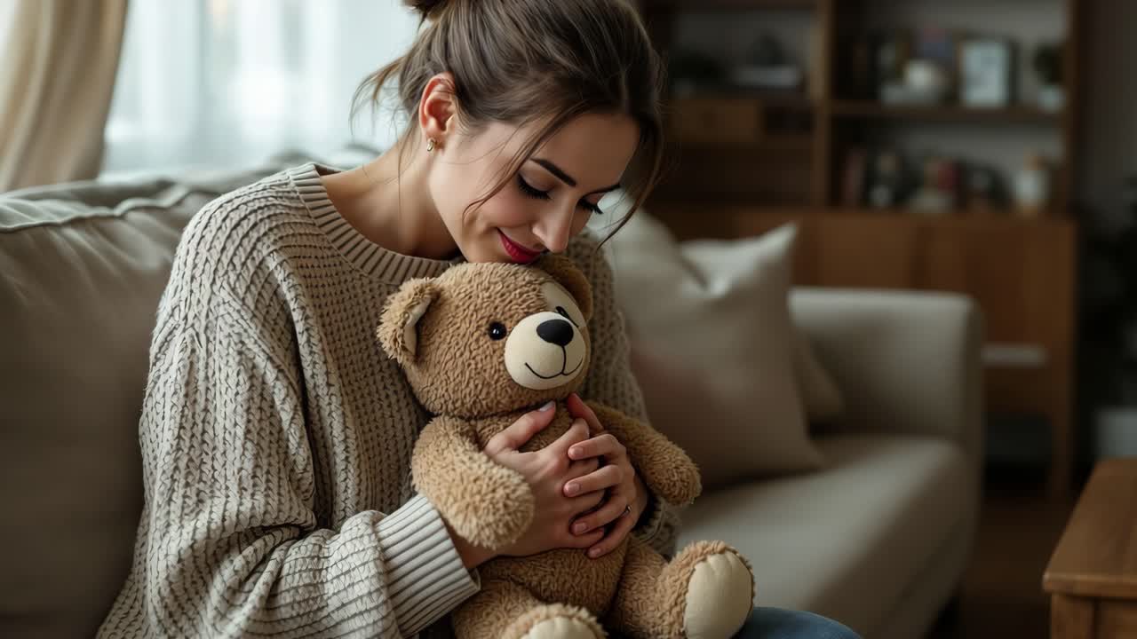 Una giovane donna con i capelli castani sta abbracciando delicatamente un orsetto di peluche mentre è seduta su un morbido divano in un caldo soggiorno, circondata da luce naturale e un'atmosfera confortevole, mostrando affetto