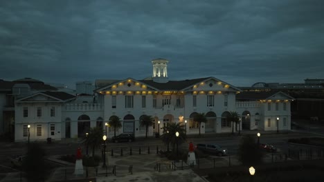 Aerial-view-of-steeple-in-Mobile,-Alabama-at-dusk