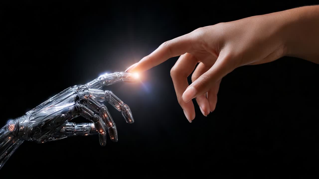 A Captivating Interaction Between Human and Machine: The Exceptional Moment Where Technology Meets Humanity, Highlighting the Connection Through a Majestic Touch of a Robotic Hand and a Human Finger