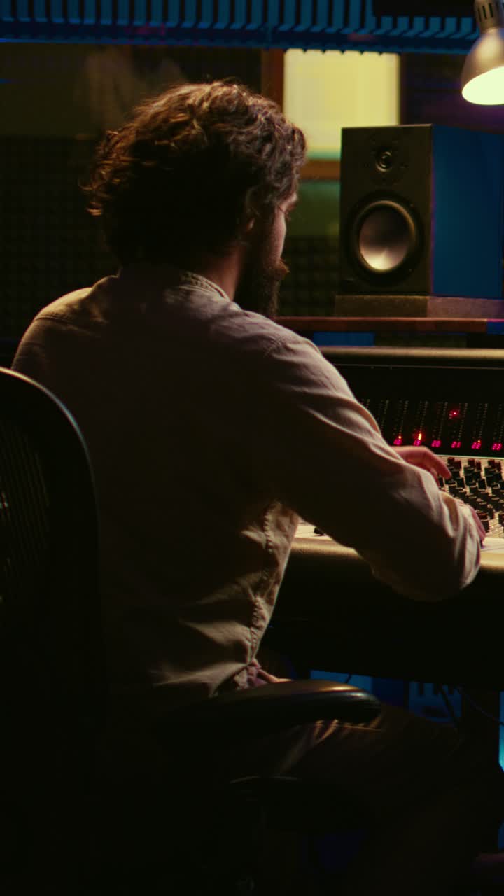 Man Working at Sound Mixing Console in Recording Studio