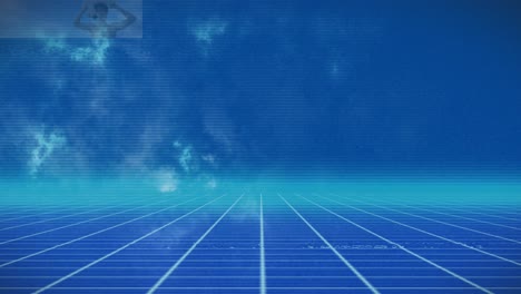 animation of glitch effect over green grid network against blue background