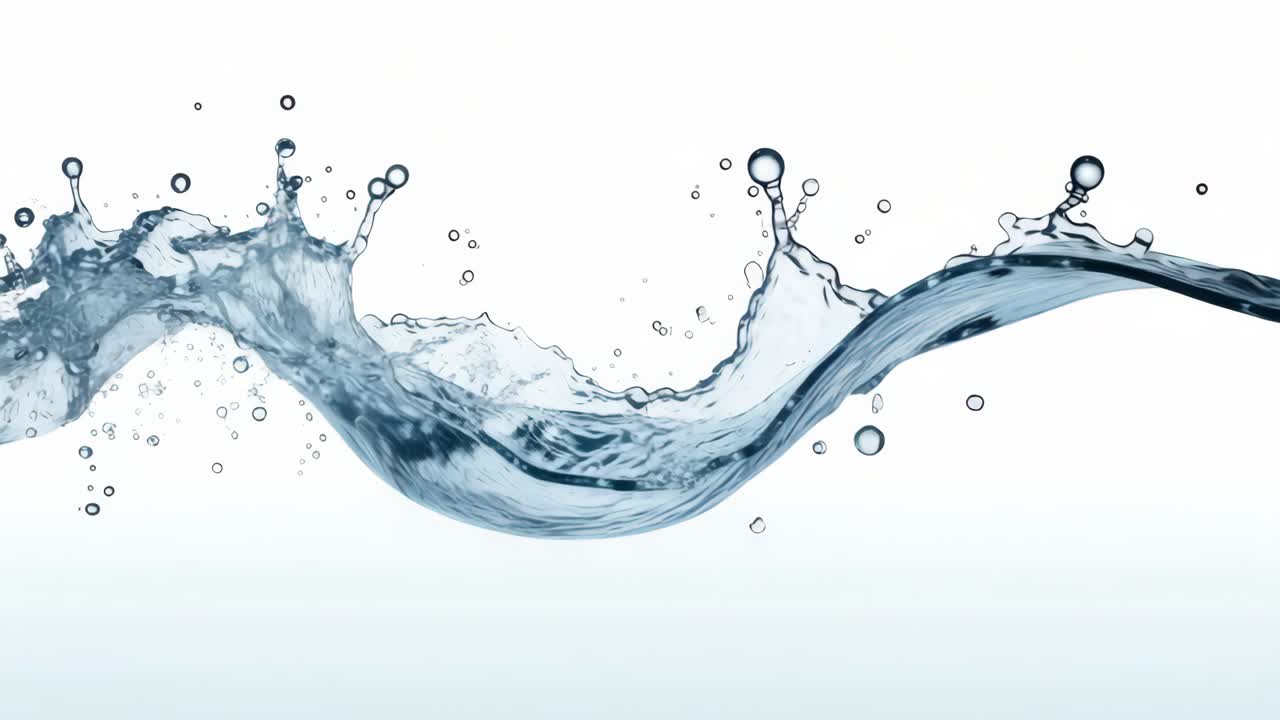 Dynamic side-angle shot of a water splash against a white background, capturing fluid motion