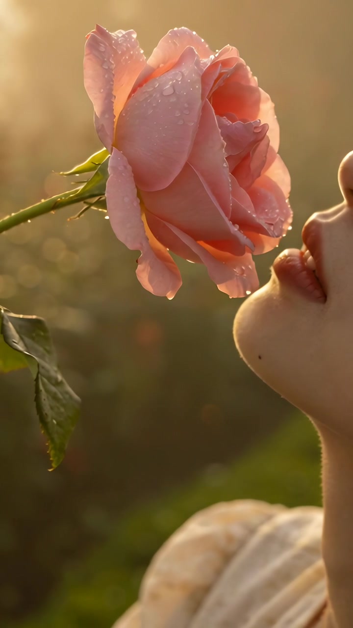 Video verticale: Donna con top chiaro che nota una rosa rosa, si china e allinea le labbra con la rugiada in giardino.
