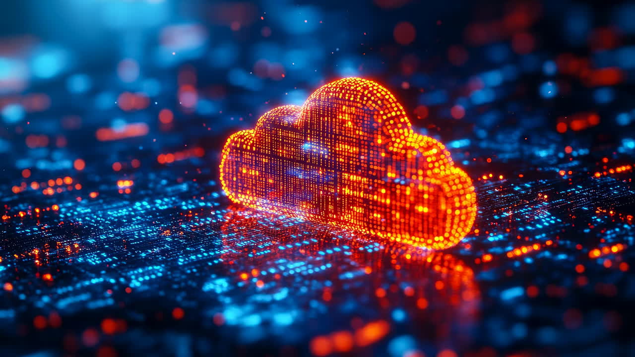 Glowing digital cloud icon on circuit board background. A glowing orange and yellow cloud icon composed of dots on a blue and red illuminated circuit board background