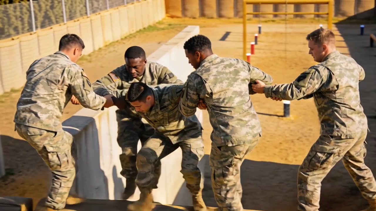 Pulling team hoisting bottom soldier reaching up over wall on training course, gripping uniforms