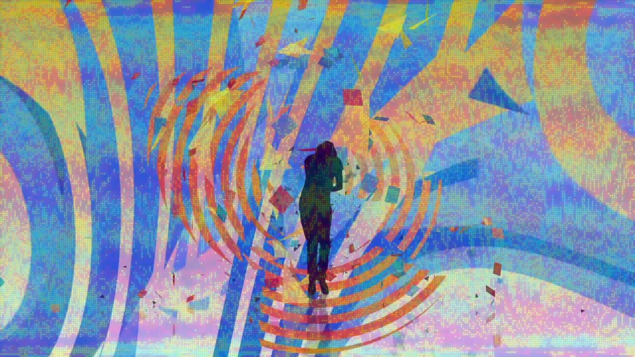 끊임없는 루프에서 최면적인 움직임으로 글리치 줄무 ⁇ 로 춤추는 남자의 실루 ⁇ 의 애니메이션