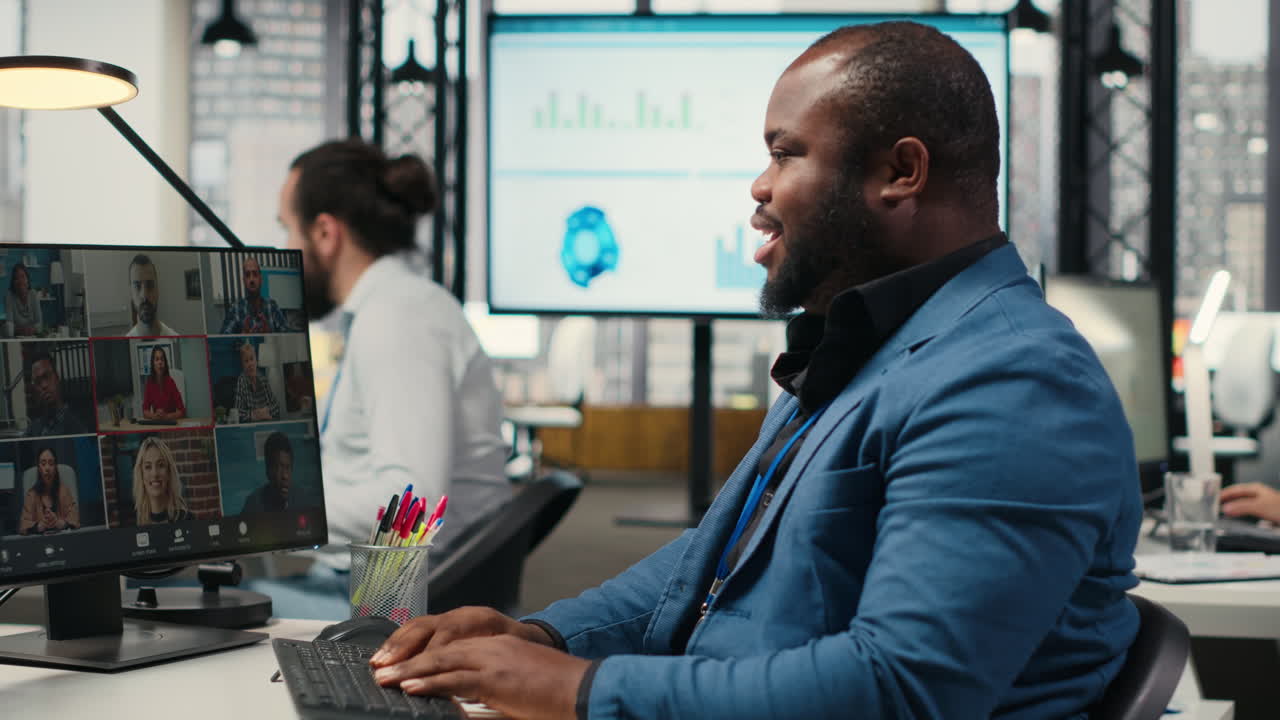 African american CEO meeting with shareholders in advisory video call event