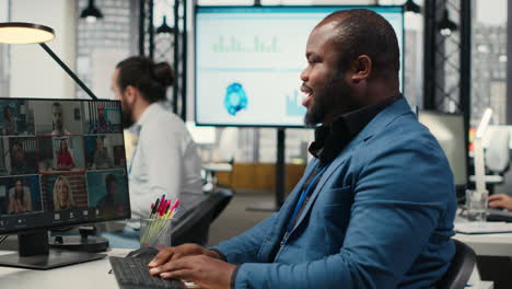 african american ceo meeting with shareholders in advisory video call event