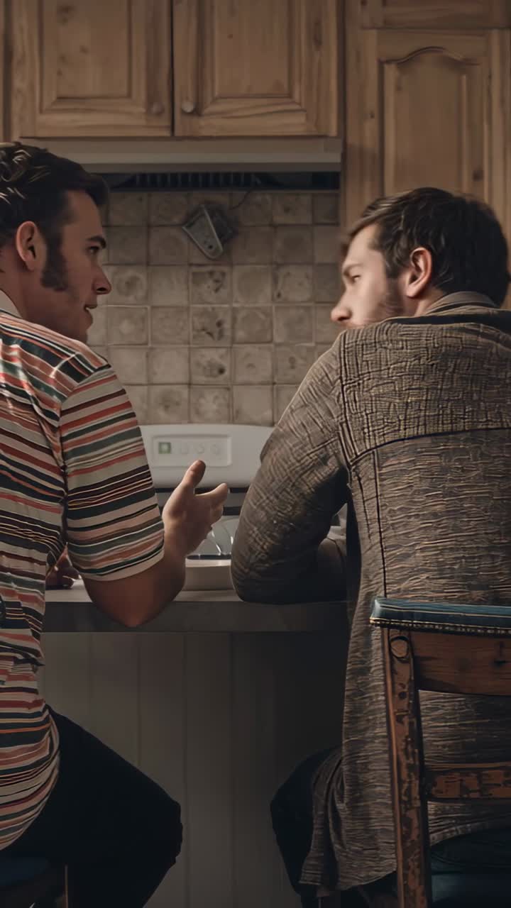 Vertical video: Raising hand, left in stripes gesturing while right in cardigan discussing by stove