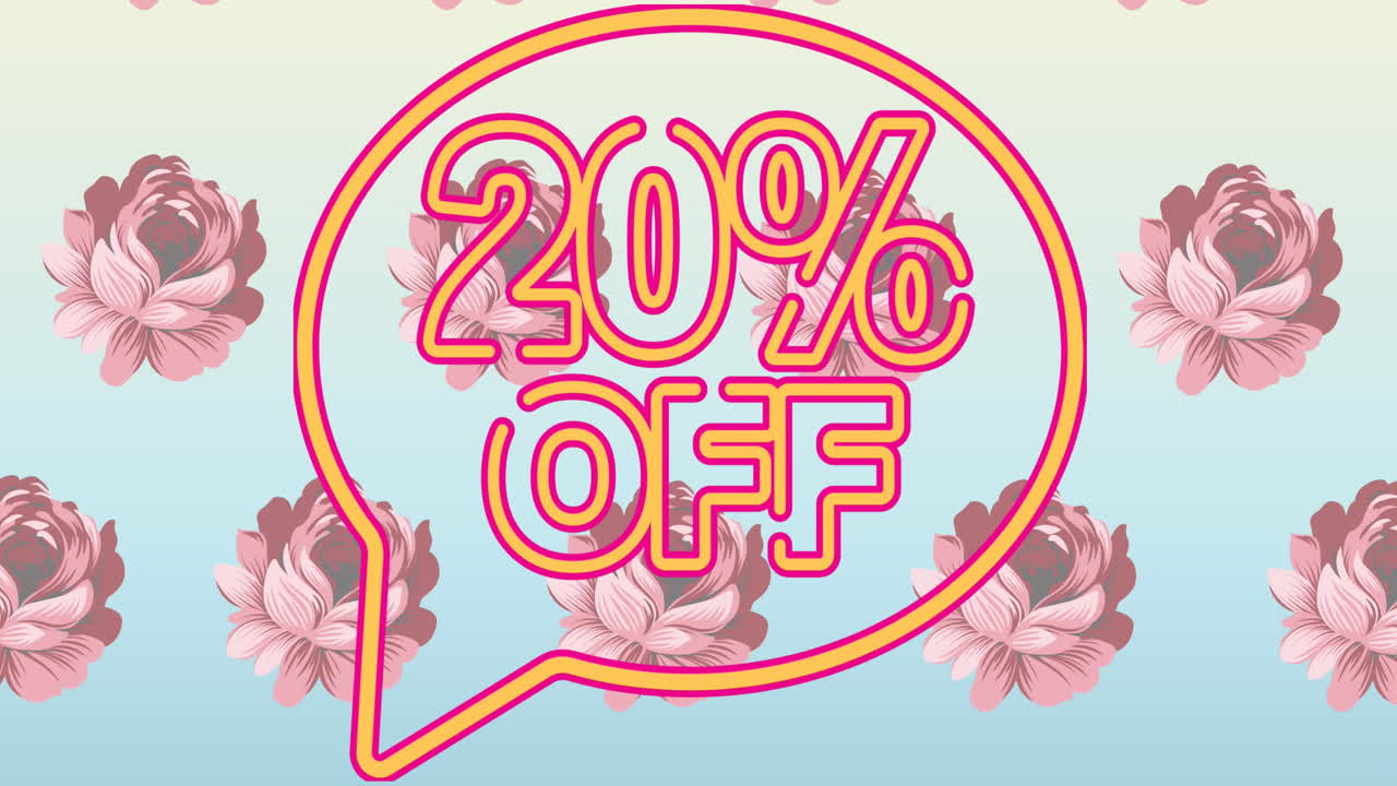 animación del 20 por ciento del texto en la burbuja de habla sobre las flores en el fondo