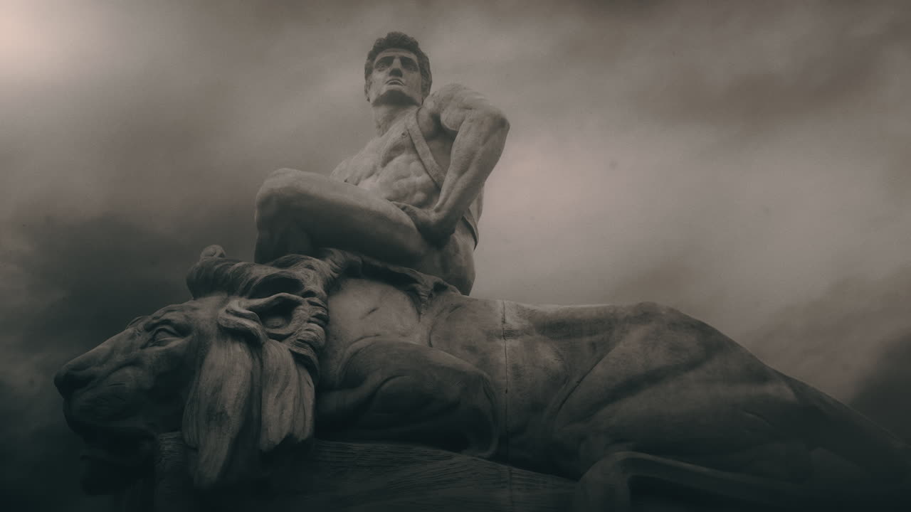 Epic, ancient stone statue on cloudy day and windy weather.