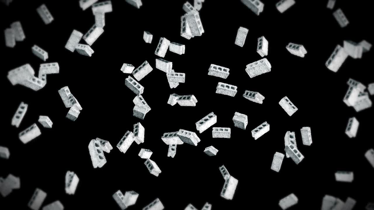Flying many concrete bricks on black background. Miniature model, Cement, Construction. 3D animation of gray blocks rotating. Loop animation.