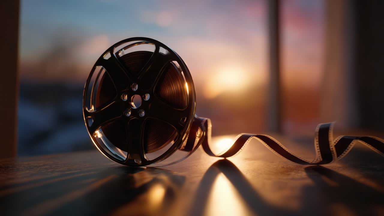 Ein wunderschöner Sonnenuntergang über einer Filmrolle, der die künstlerische Essenz der Kinematografie und die Magie der Filme in zwei exquisiten Frames veranschaulicht