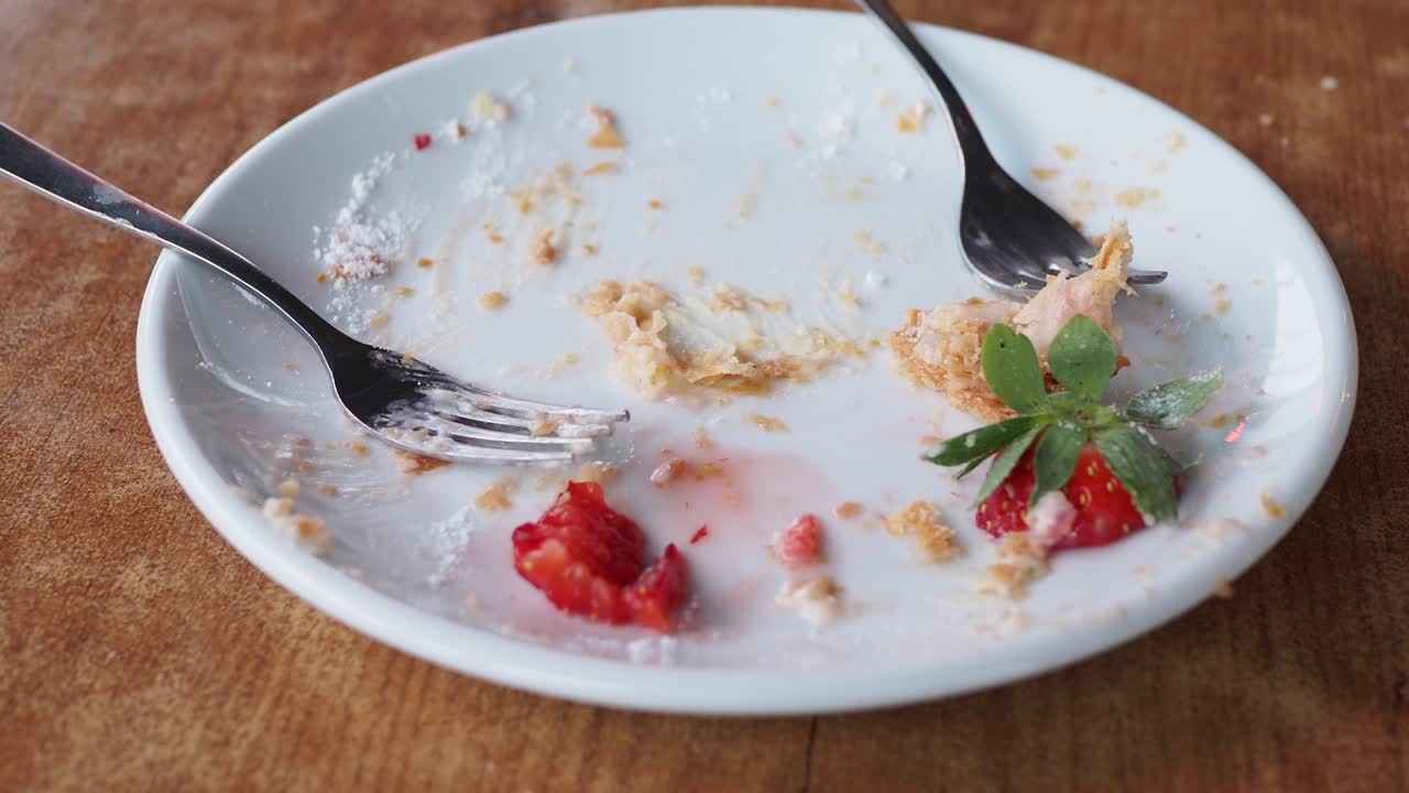 딸기 페이스트리 잔류물 이 있는  빈 접시