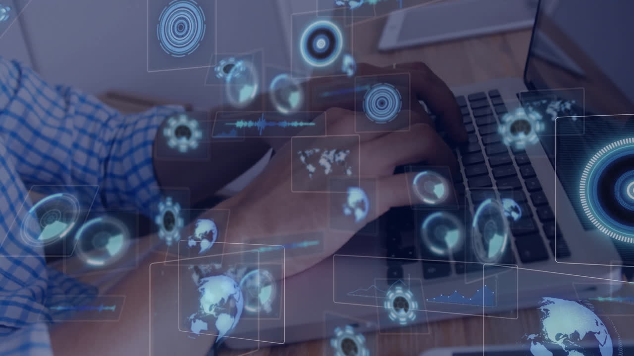 tech data analyst typing on laptop keyboard on wooden desk displaying hologram world map and charts