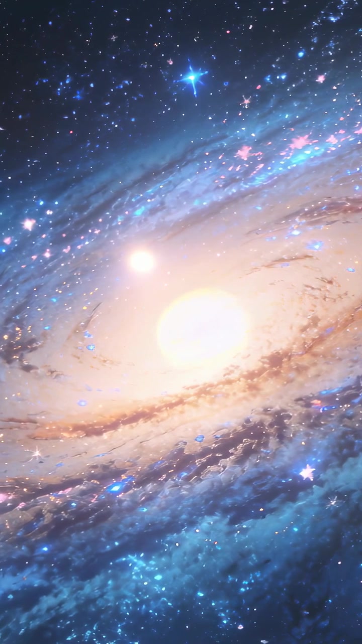 Vertical video: Zooming camera causing spiral galaxy rotating in deep space, revealing bright core