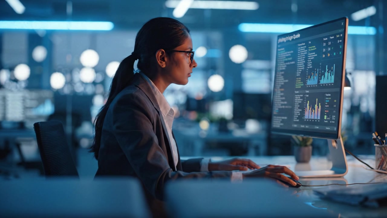 Focused Professional Analyzing Data on a Computer Screen in a Modern Office Environment with Digital Charts and Graphs for Insightful Business Decisions.