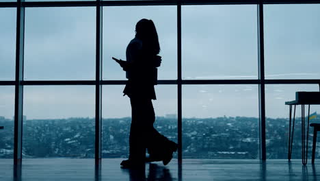 silhouettes of male and female workers approaching each other. man drinks coffee and woman speaks on the phone. panoramic window at backdrop.