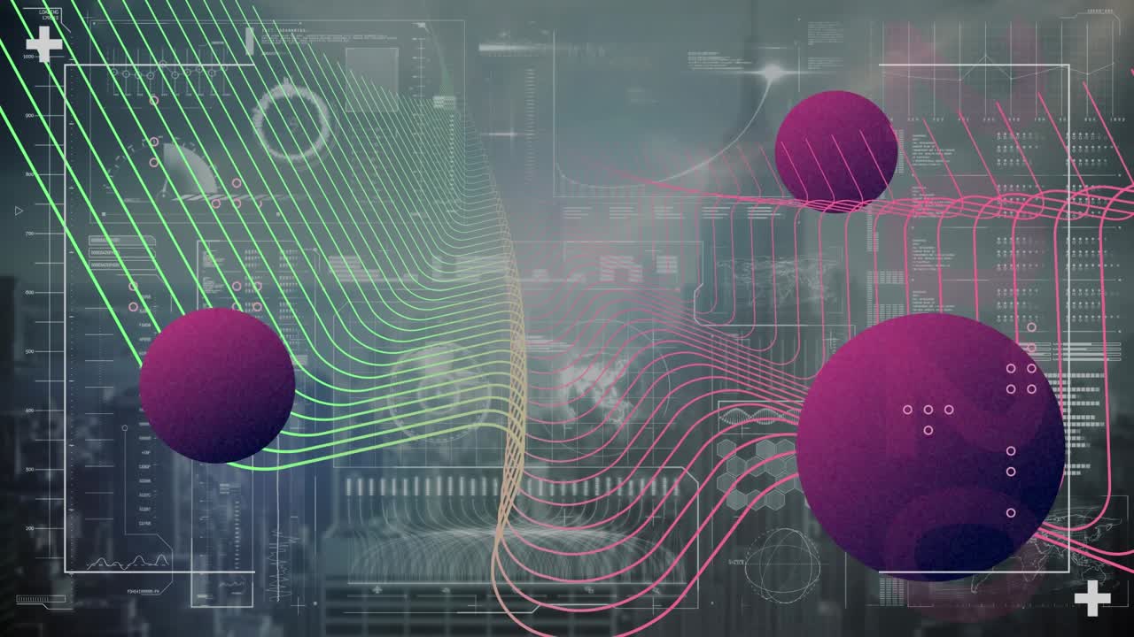 Animation af glober i sigtekorn over bølgemønstre, indlæsningsbjælker, cirkel, radar og kort i baggrunden.
