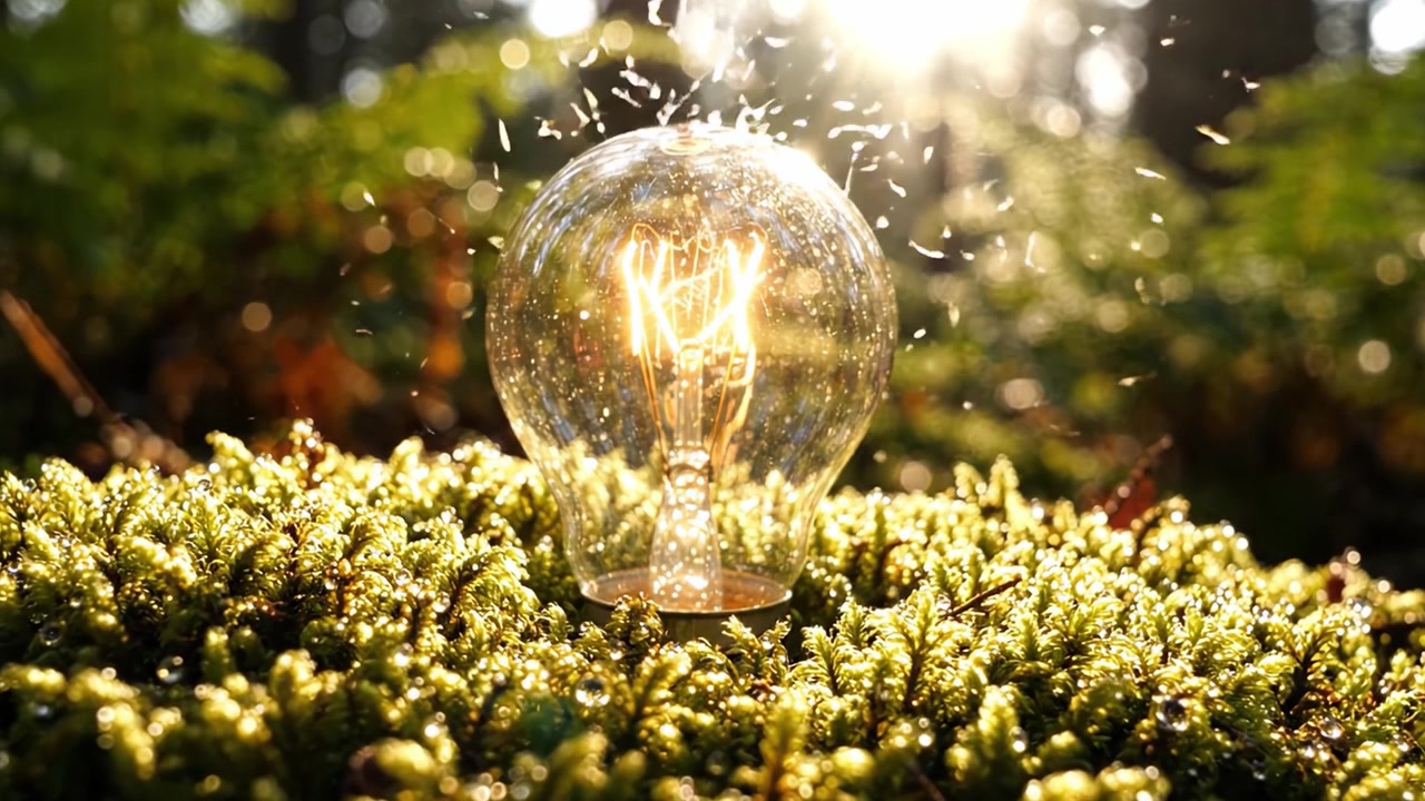 A Captivating Forest Scene Featuring an Illuminated Light Bulb Surrounded by Lush Green Moss, Bathed in Warm Sunlight and Nature's Beauty