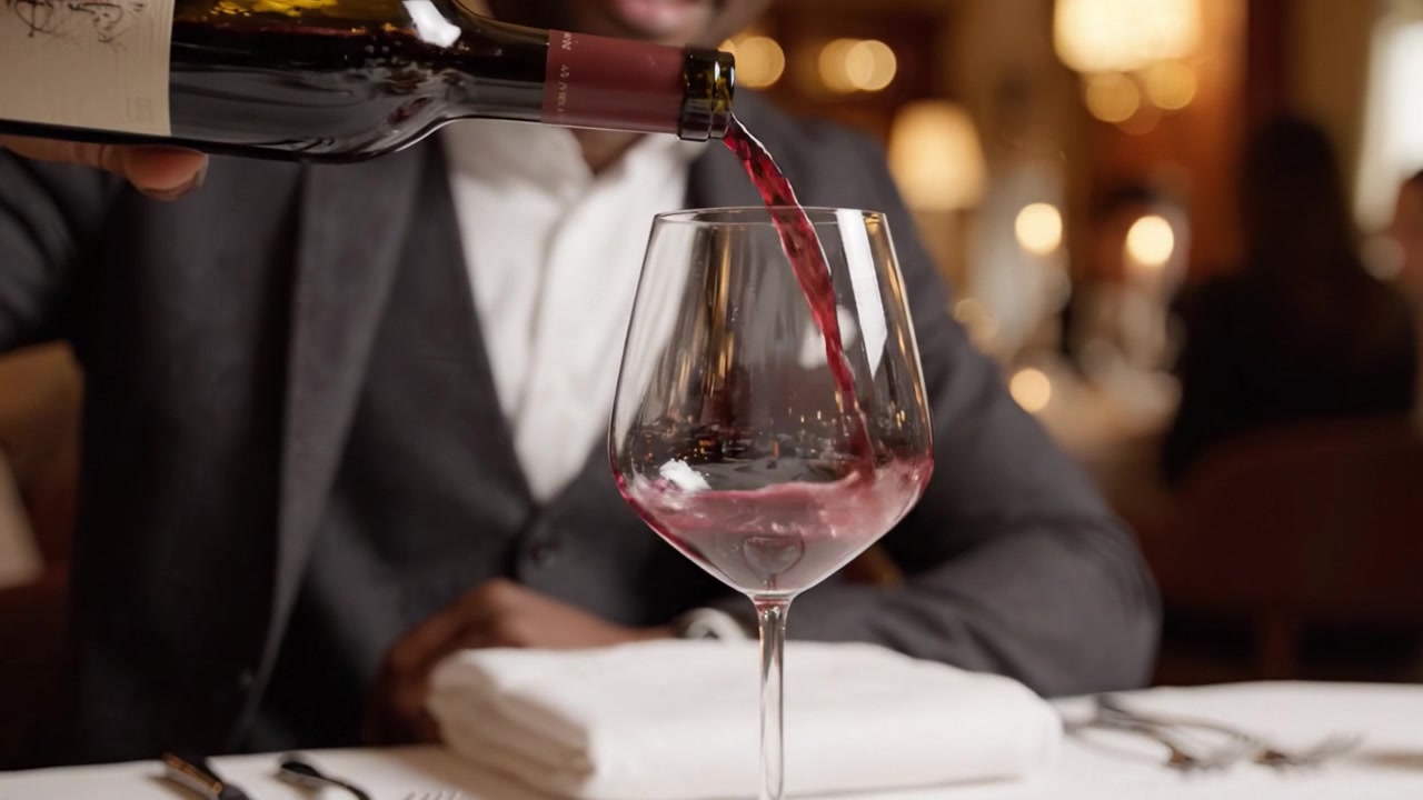 Esperienza culinaria sofisticata: un appassionato di vino versa vino rosso pregiato in un bicchiere di cristallo, evidenziando l'eleganza nella gastronomia e l'atmosfera di alta cucina.