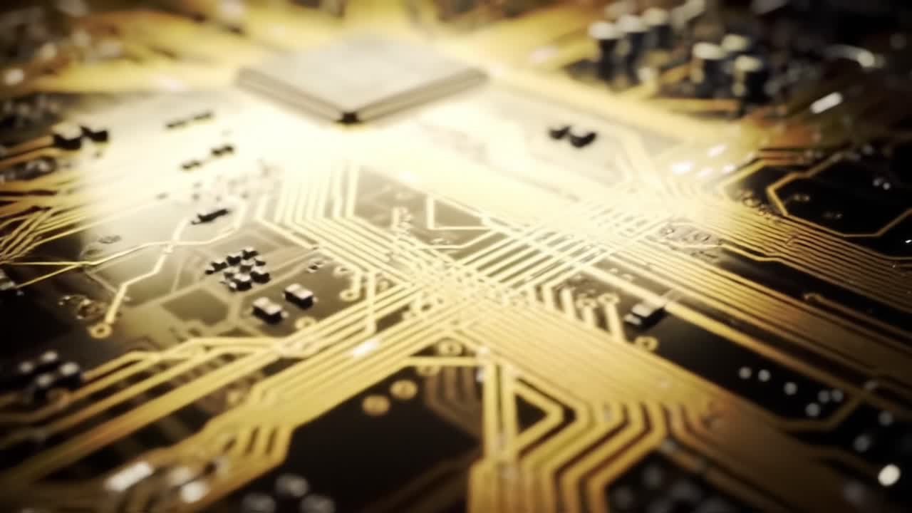 Close-Up of an Intricate Circuit Board Highlighting Detailed Connections and Components, Featuring a Glowing Gold Tone That Enhances Its Technological Aesthetic