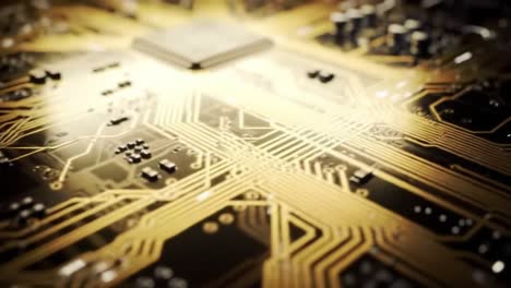 close-up of an intricate circuit board highlighting detailed connections and components, featuring a glowing gold tone that enhances its technological aesthetic