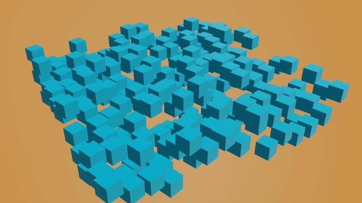 Abstract blue cube Flying in empty space background 3D rendering