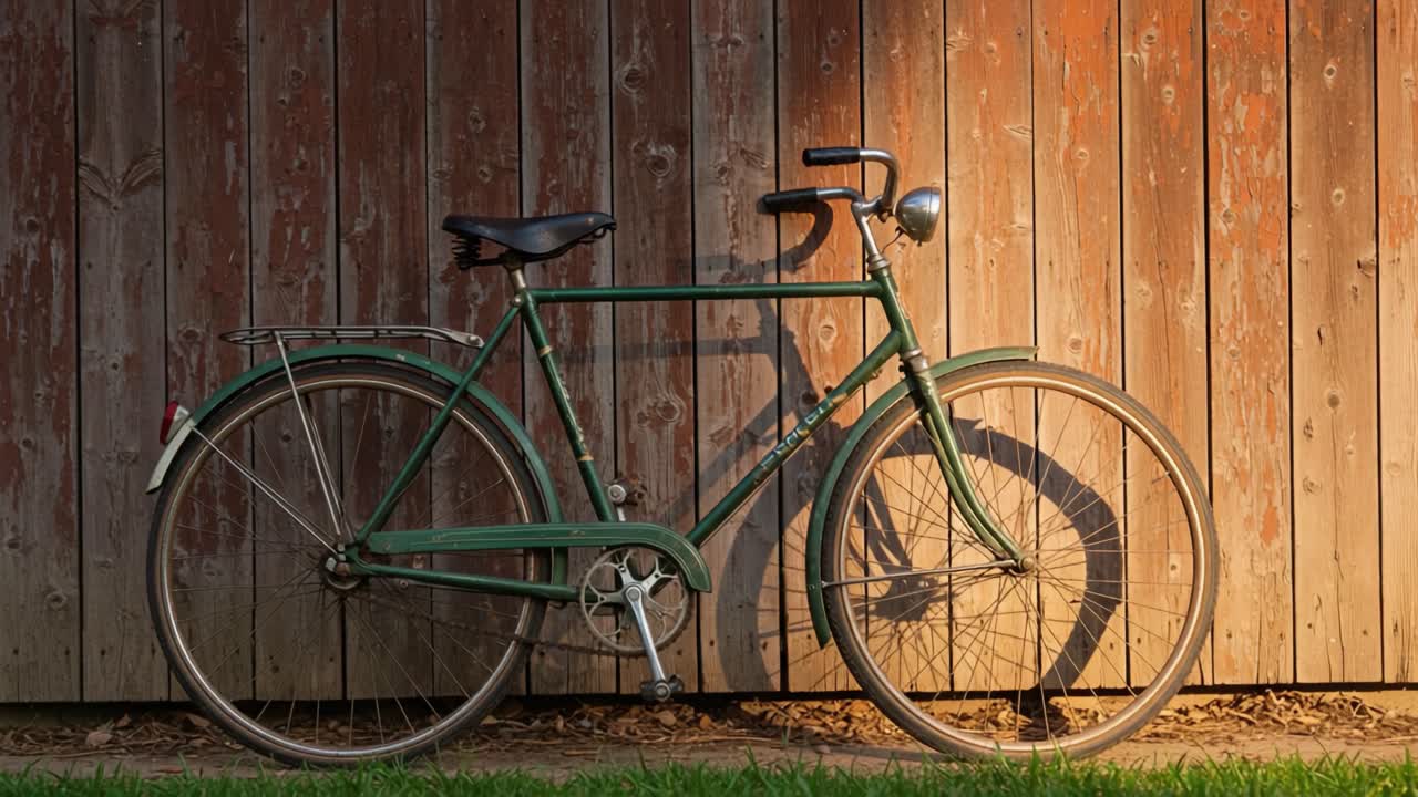 A Vintage Green Bicycle Resting Against a Weathered Wooden Fence, Bathed in Warm Afternoon Light, Creating a Serene Outdoor Scene Capturing Loneliness and Reflection