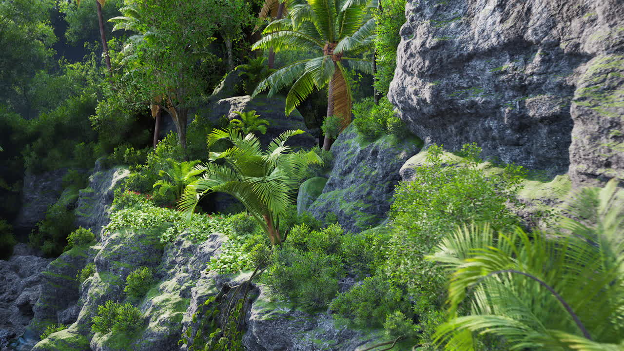 пышные тропические джунгли с пальмами и скалами