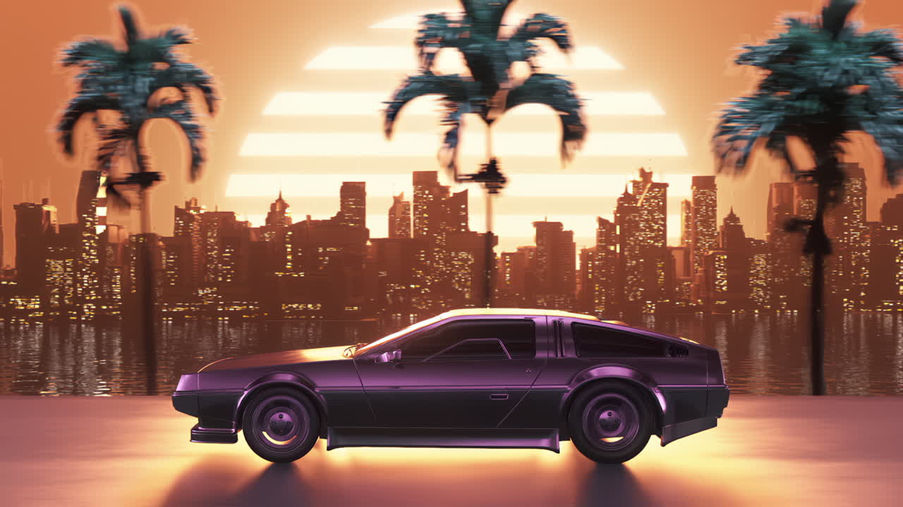 80년대 스타일의 도시 레트로 웨이브를 배경으로 해가 지는 차