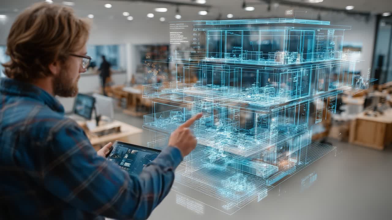 A Professional Utilizing Augmented Reality to Visualize Architectural Designs in a Modern Workspace Setting with Advanced 3D Modeling Techniques