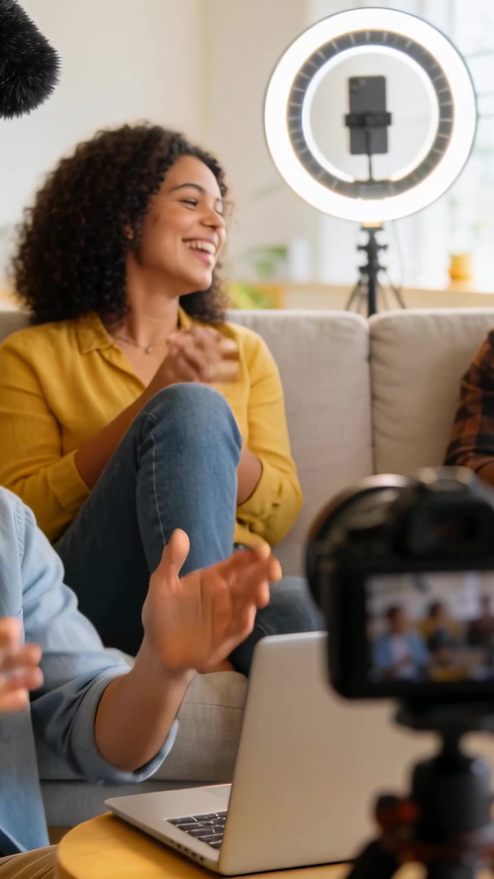 Vertical video: Laughing woman in mustard blouse clapping as friend clapping on couch, ring light