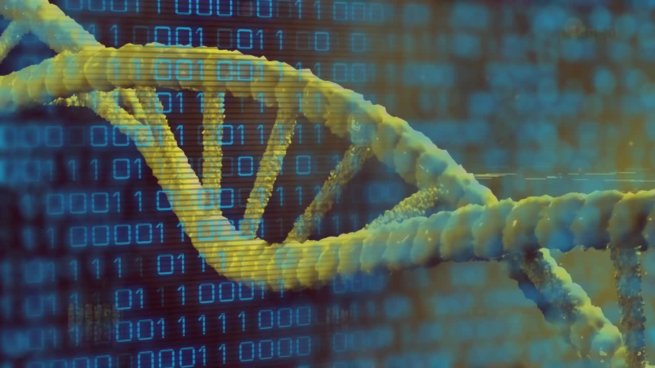 Animation of binary coding data processing over dna strand spinning