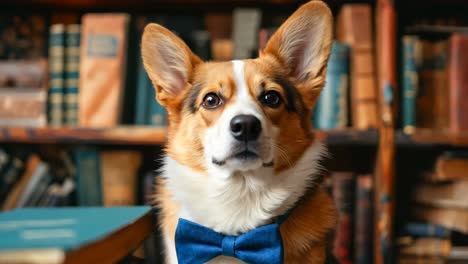 a dog wearing a blue bow tie sitting in front of a bookshelf filled with books