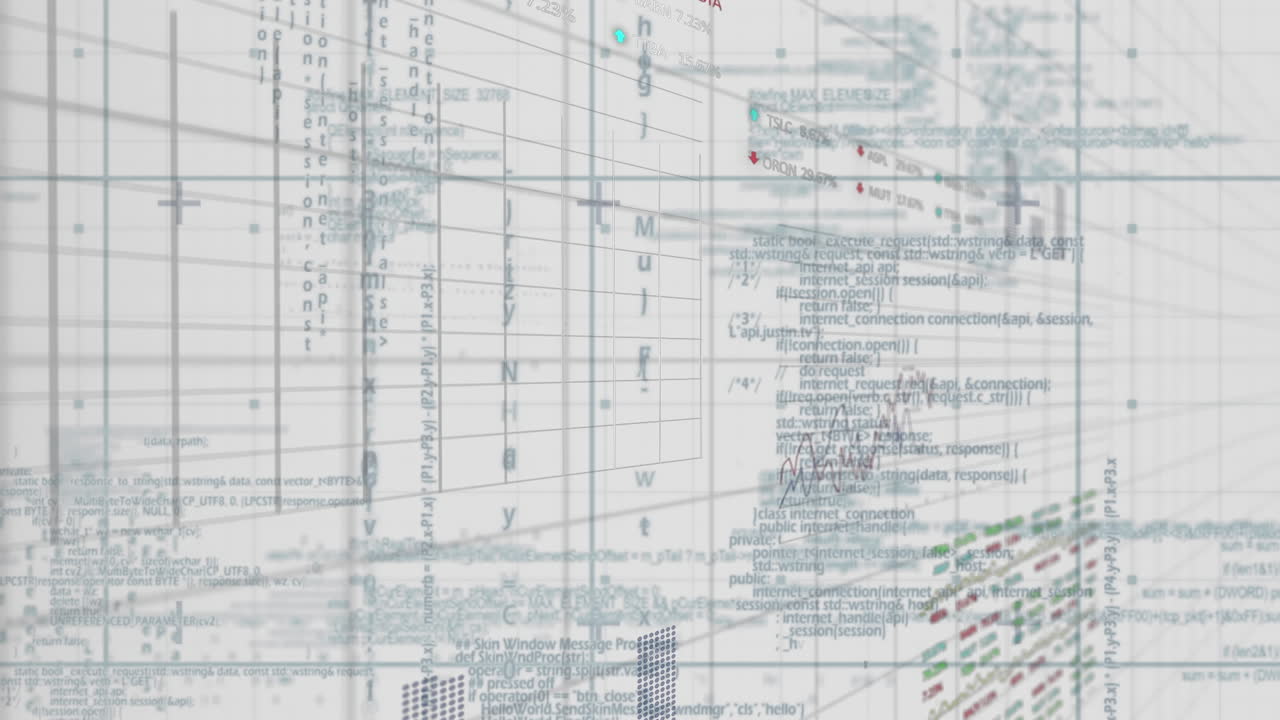 Animation of statistical and stock market data processing over grid network against grey background