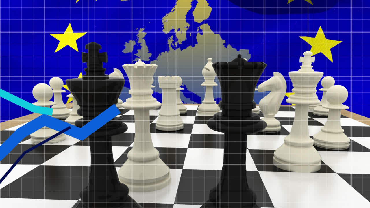 Blue graphs moving over chessboard against EU flag waving