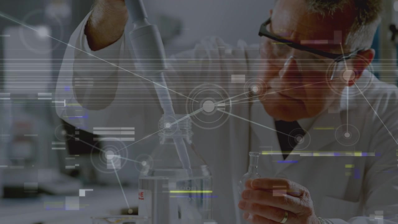 Animation of network of connections with data processing over caucasian male scientist