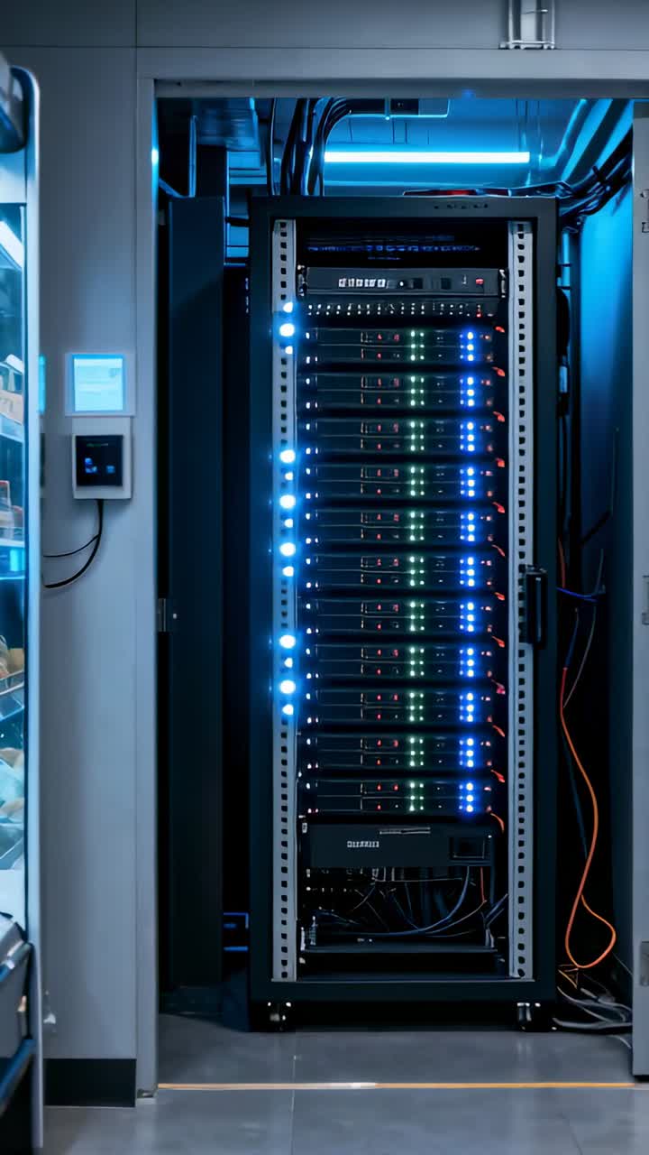 Lodret video: Kamera bevæger sig mod serverrack og kølemontre i en dagligvaregang for at vise LED-lys.