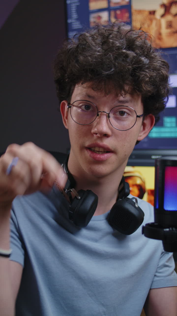 Young content creator talking and pointing on camera